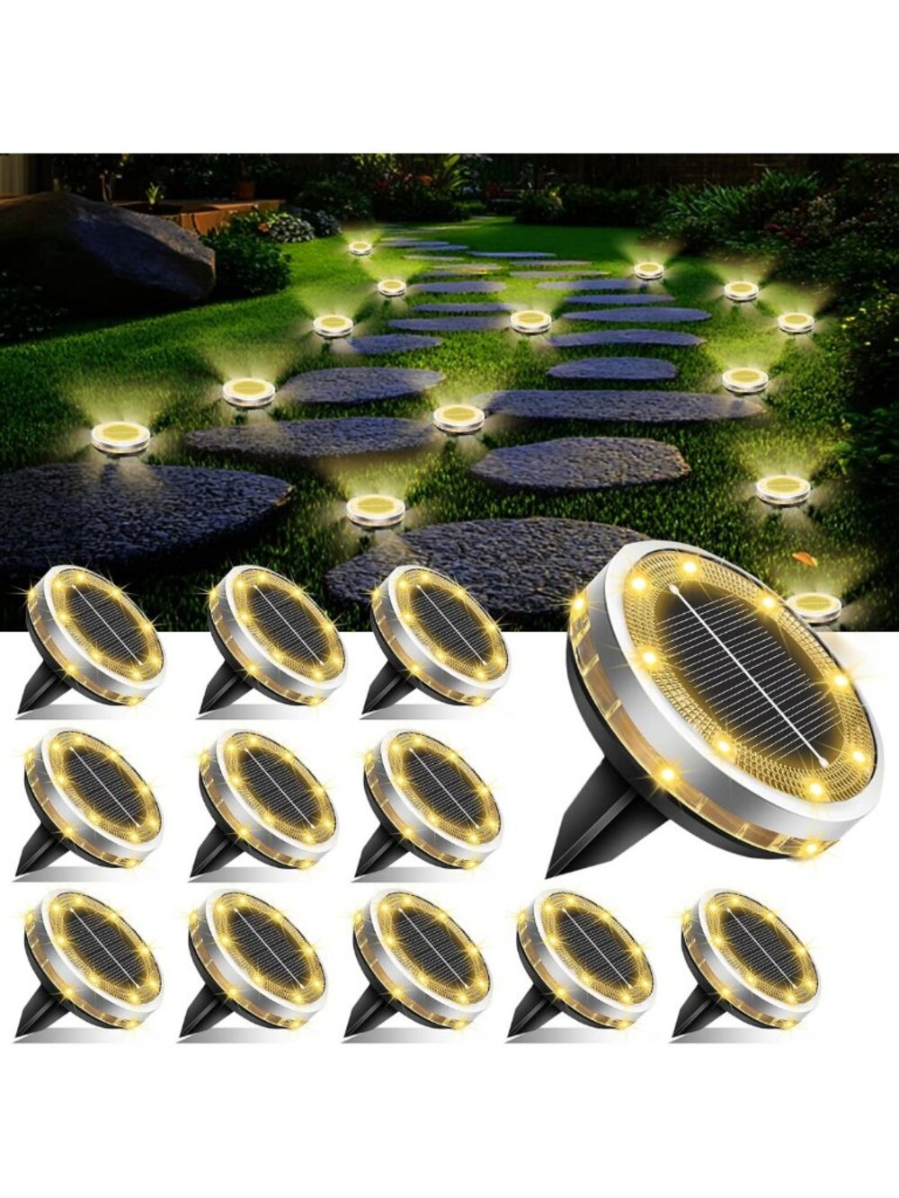 12 Pack Waterproof Solar Ground Lights - Upgraded Stainless Steel Garden Pathway